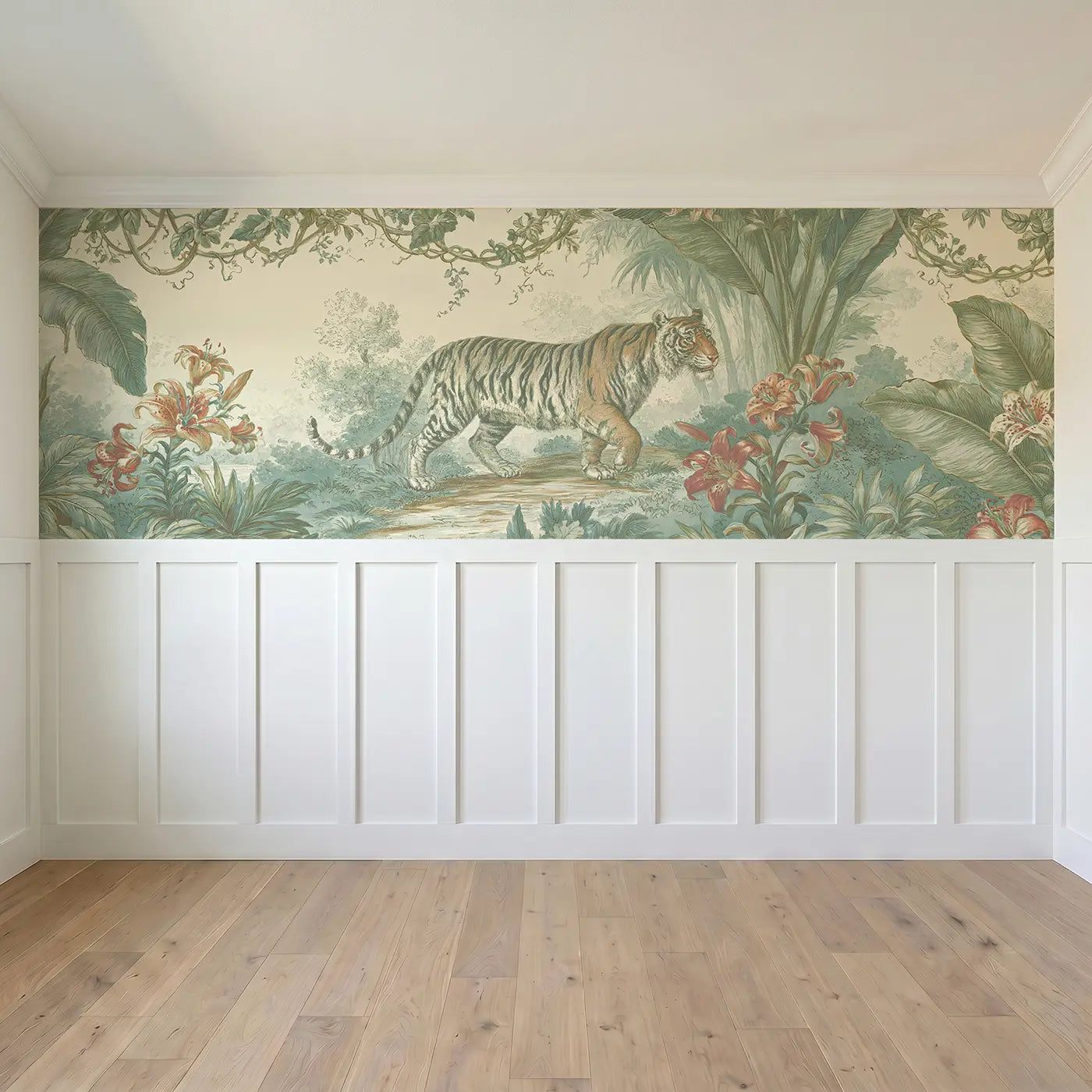 Full panel view of Tiger Lily Jungle Path Wainscoting Wallpaper by Whimsy Tots