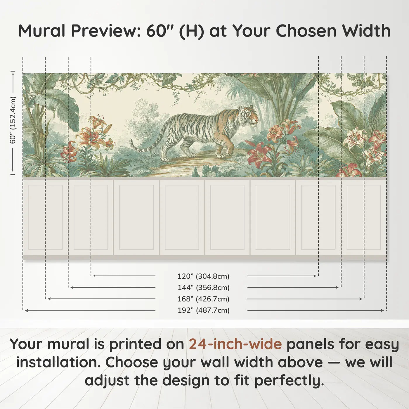 Panel dimensions for Tiger Lily Jungle Path Wainscoting Wallpaper by Whimsy Tots