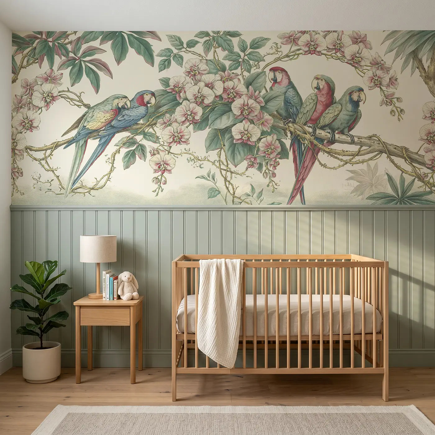 Botanical Elegance parrot orchid cascade wainscoting wallpaper for nursery by Whimsy Tots