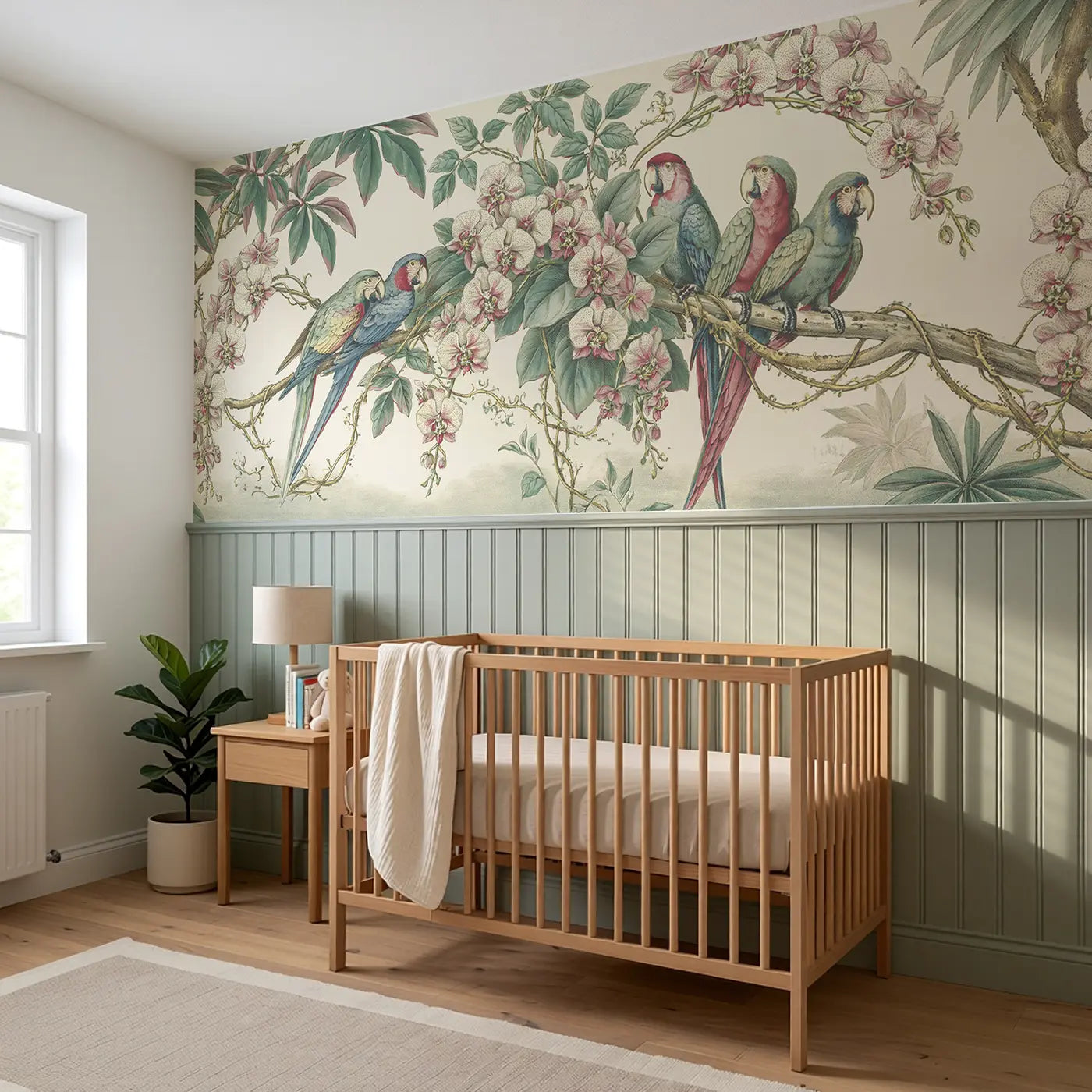 Parrot Orchid Cascade Wainscoting Wallpaper styled in a kids bedroom by Whimsy Tots