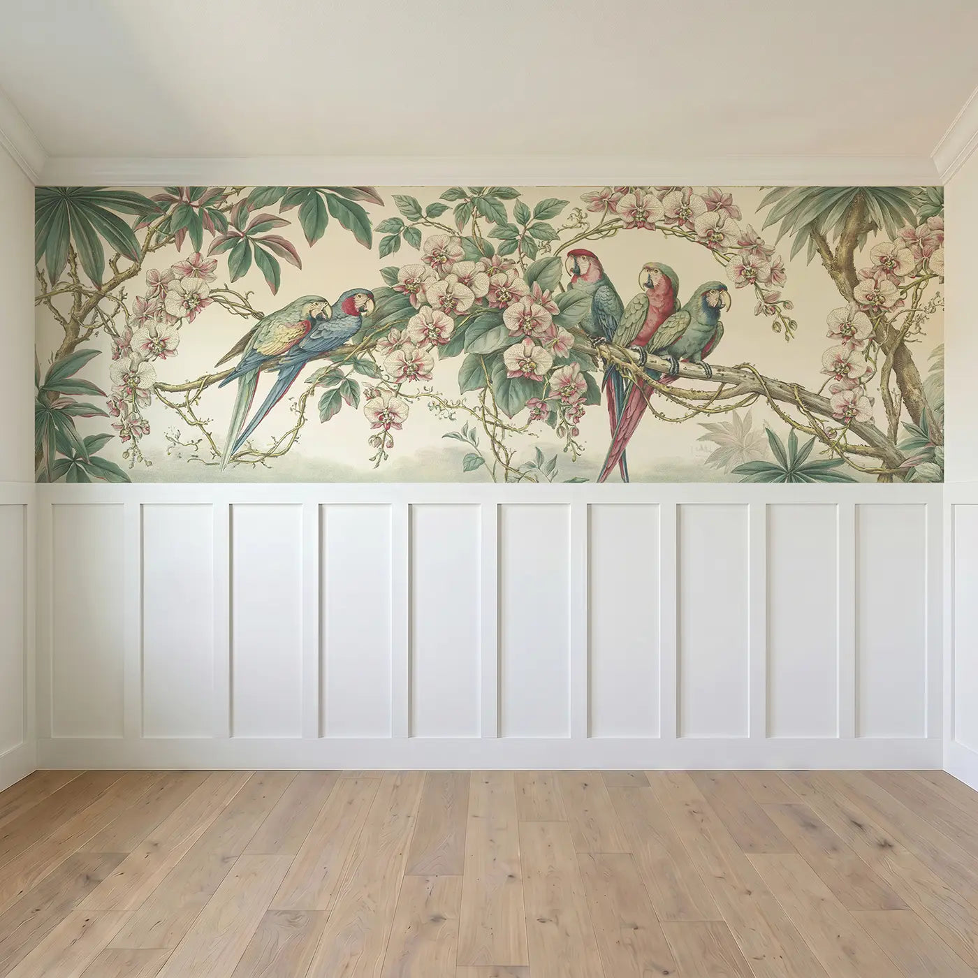 Full panel view of Parrot Orchid Cascade Wainscoting Wallpaper by Whimsy Tots