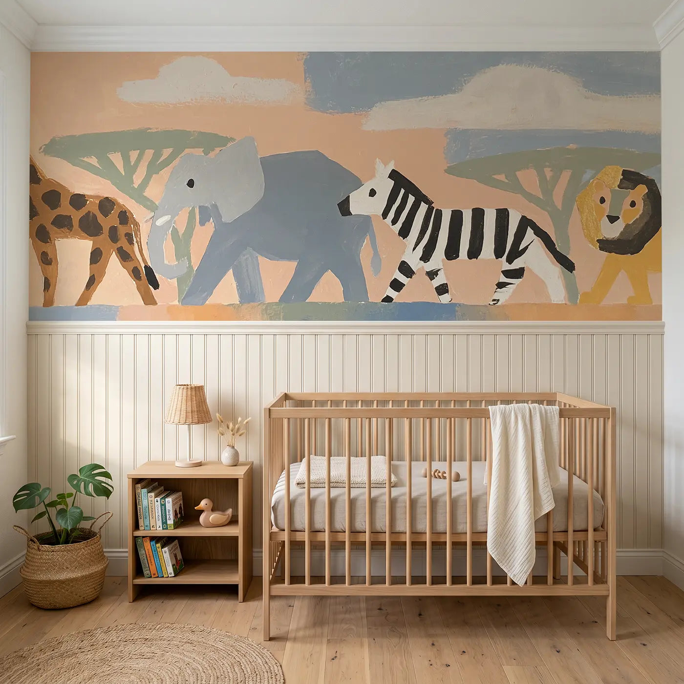 Modern Illustration graphic safari animal row wainscoting wallpaper for nursery by Whimsy Tots
