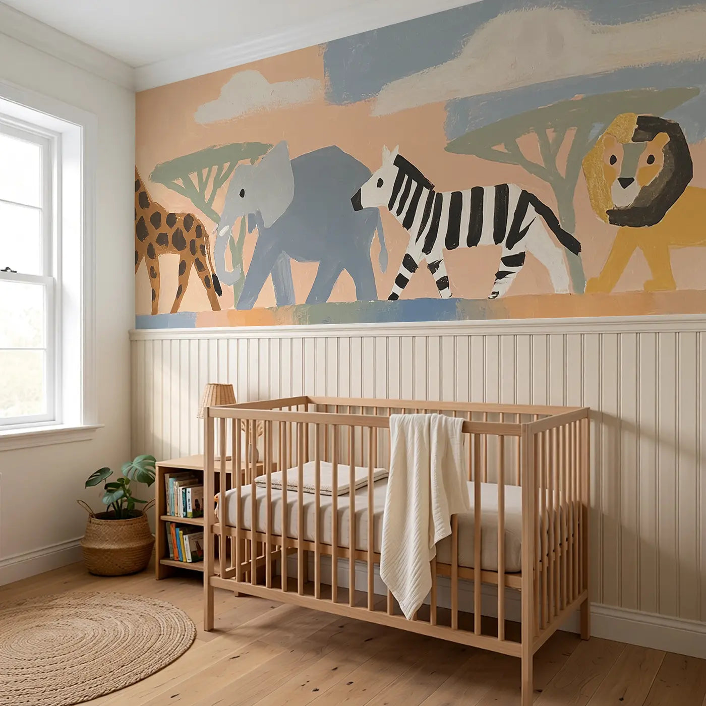 Graphic Safari Animal Row Wainscoting Wallpaper styled in a kids bedroom by Whimsy Tots
