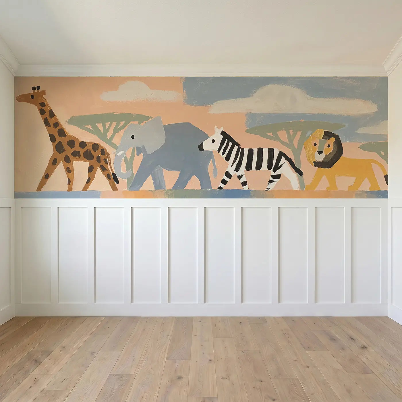 Full panel view of Graphic Safari Animal Row Wainscoting Wallpaper by Whimsy Tots