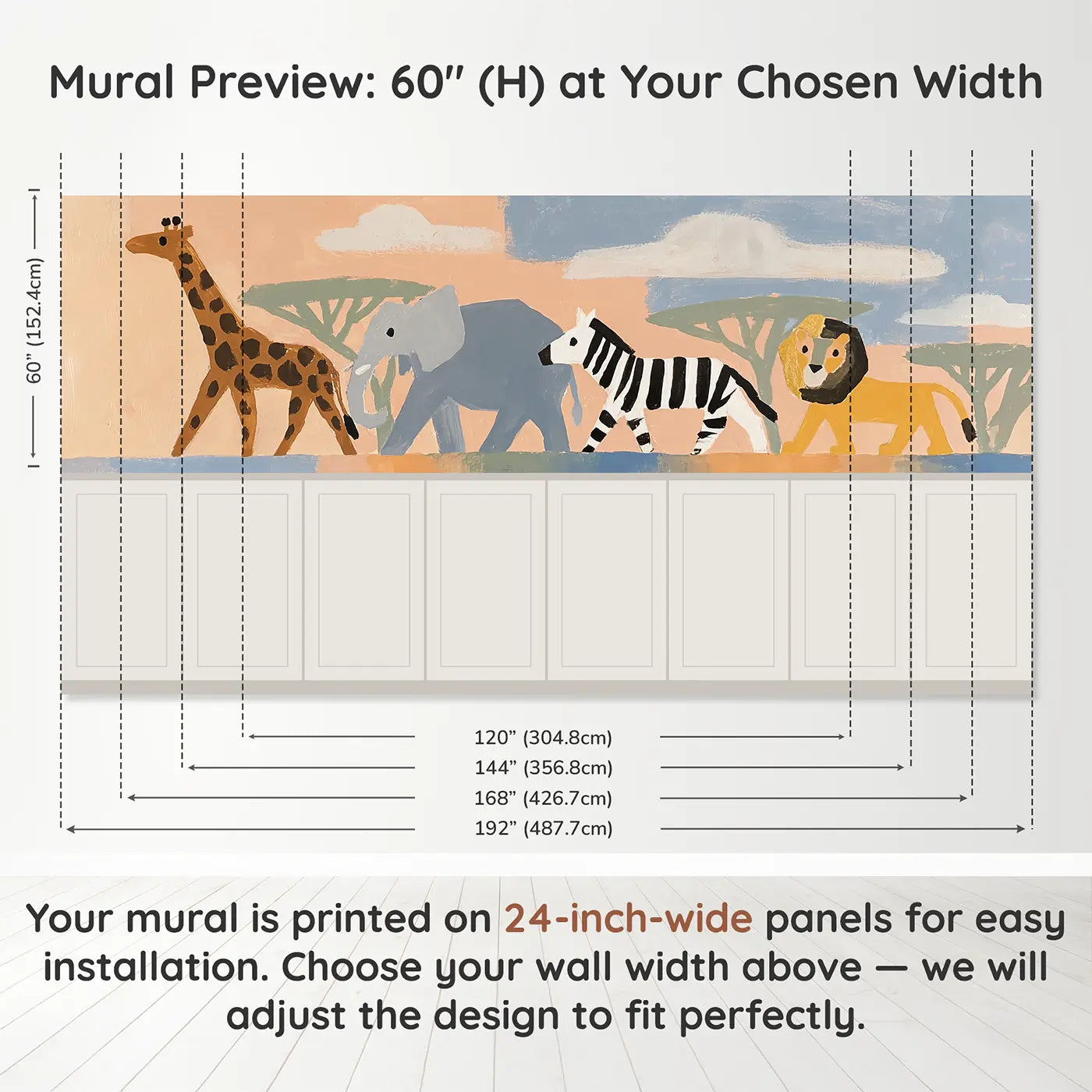 Panel dimensions for Graphic Safari Animal Row Wainscoting Wallpaper by Whimsy Tots