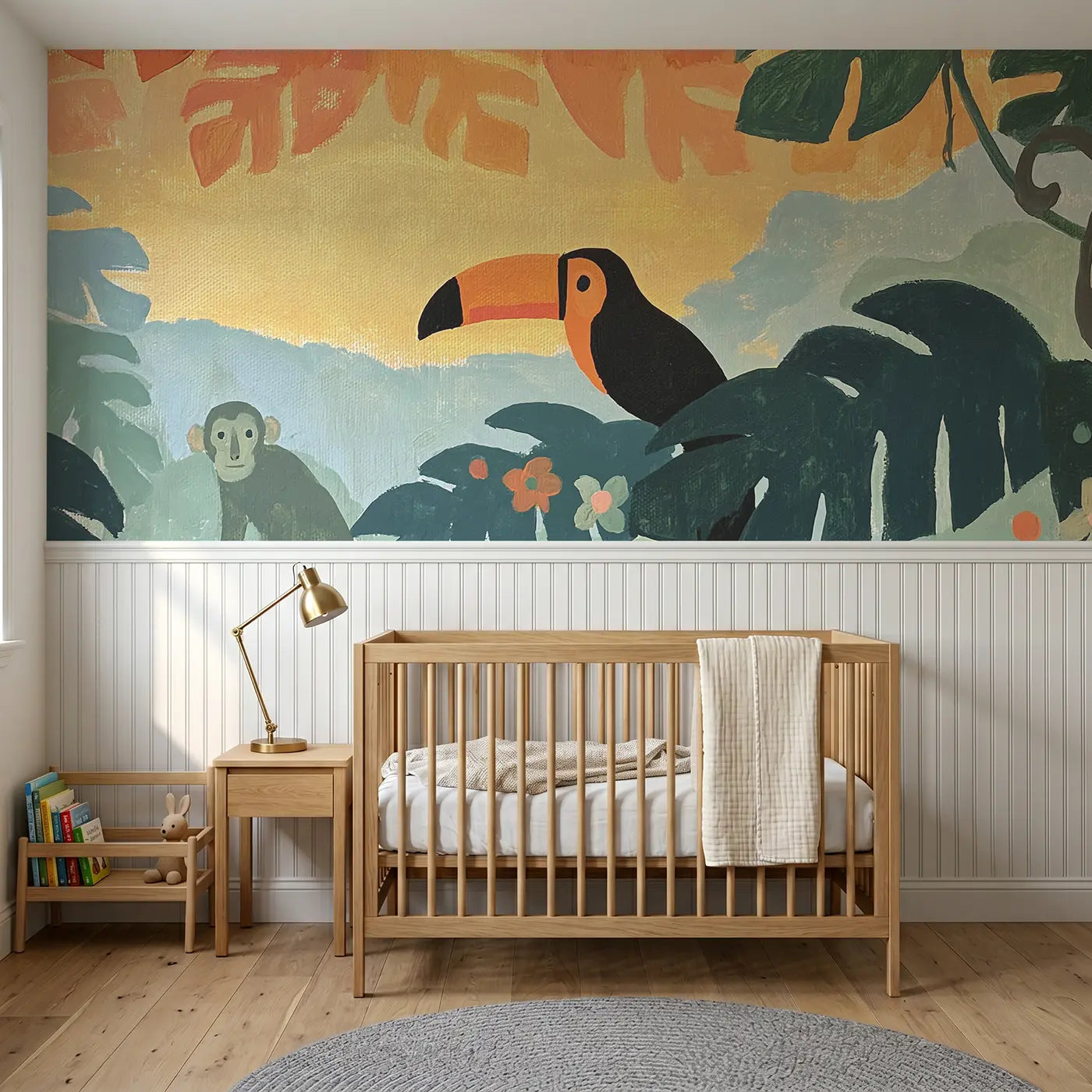 Modern Illustration flat jungle canopy layers wainscoting wallpaper for nursery by Whimsy Tots