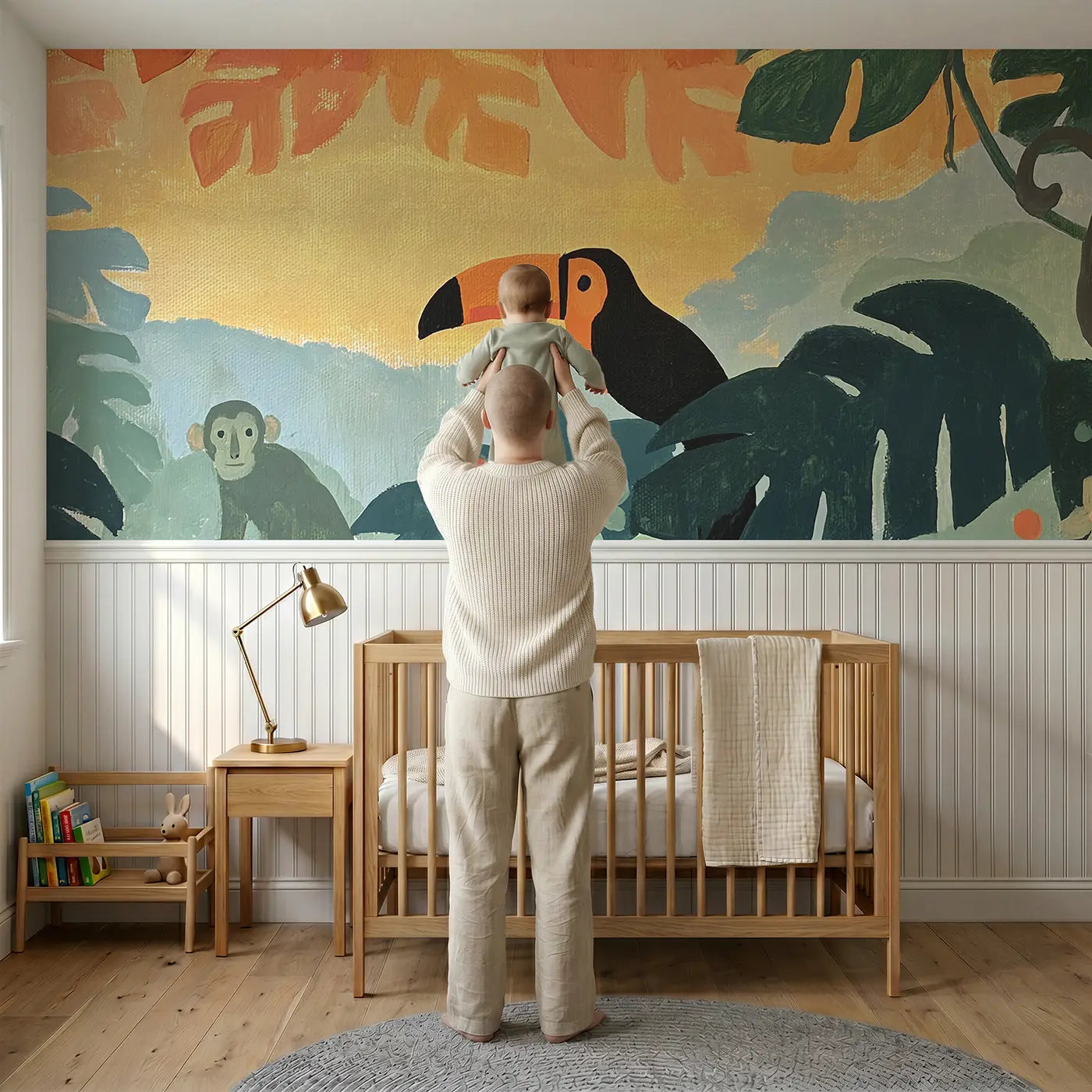 Child reading near Flat Jungle Canopy Layers Wainscoting Wallpaper by Whimsy Tots