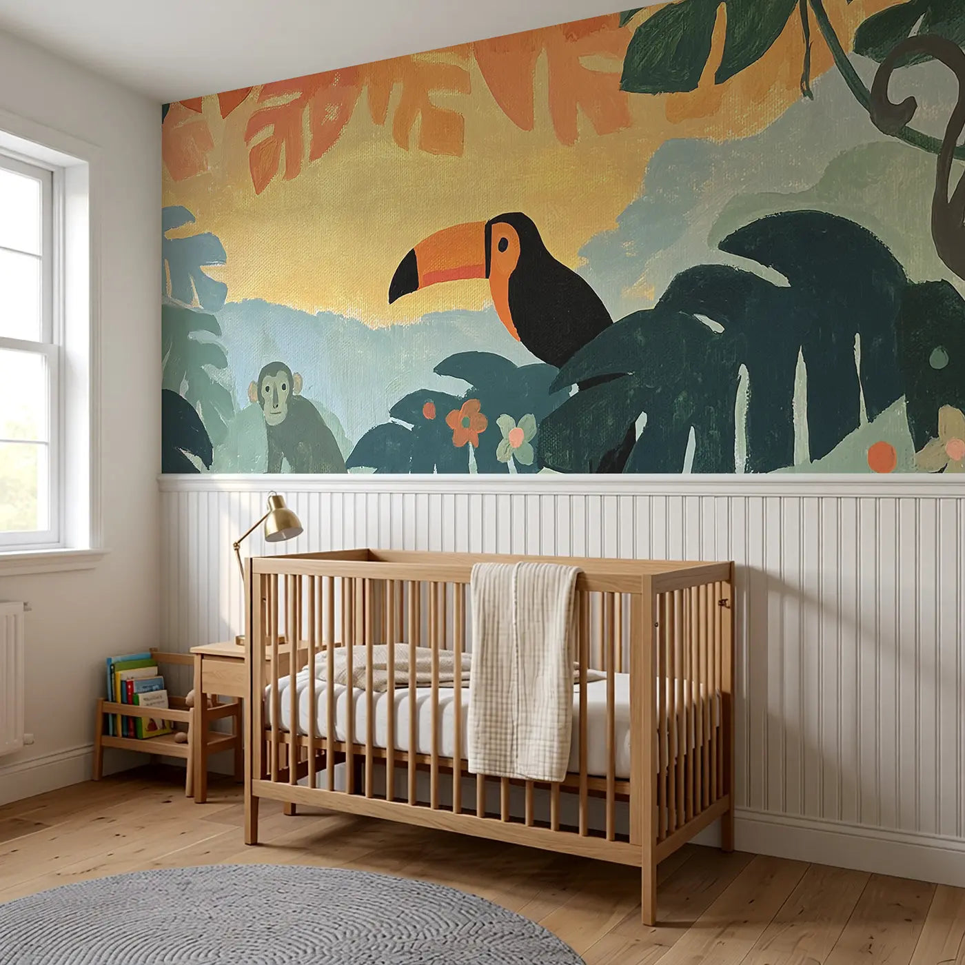 Flat Jungle Canopy Layers Wainscoting Wallpaper styled in a kids bedroom by Whimsy Tots