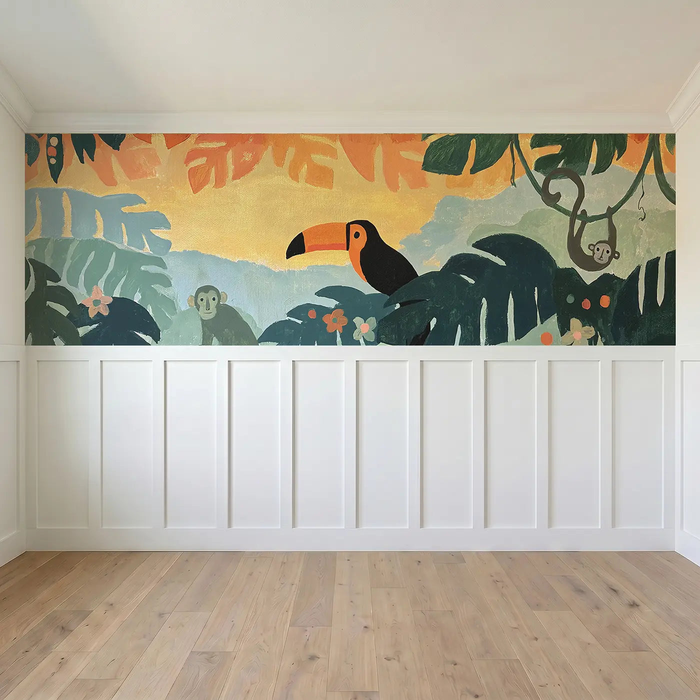 Full panel view of Flat Jungle Canopy Layers Wainscoting Wallpaper by Whimsy Tots