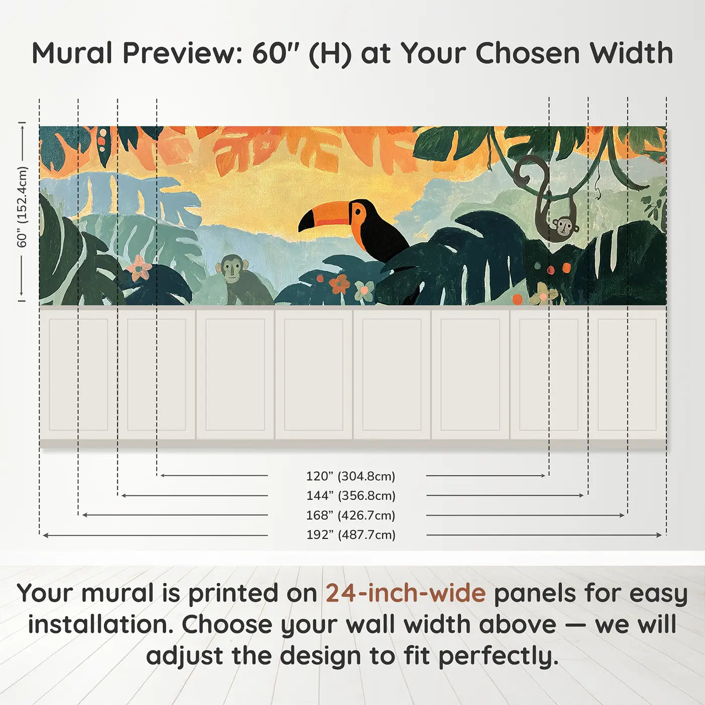 Panel dimensions for Flat Jungle Canopy Layers Wainscoting Wallpaper by Whimsy Tots