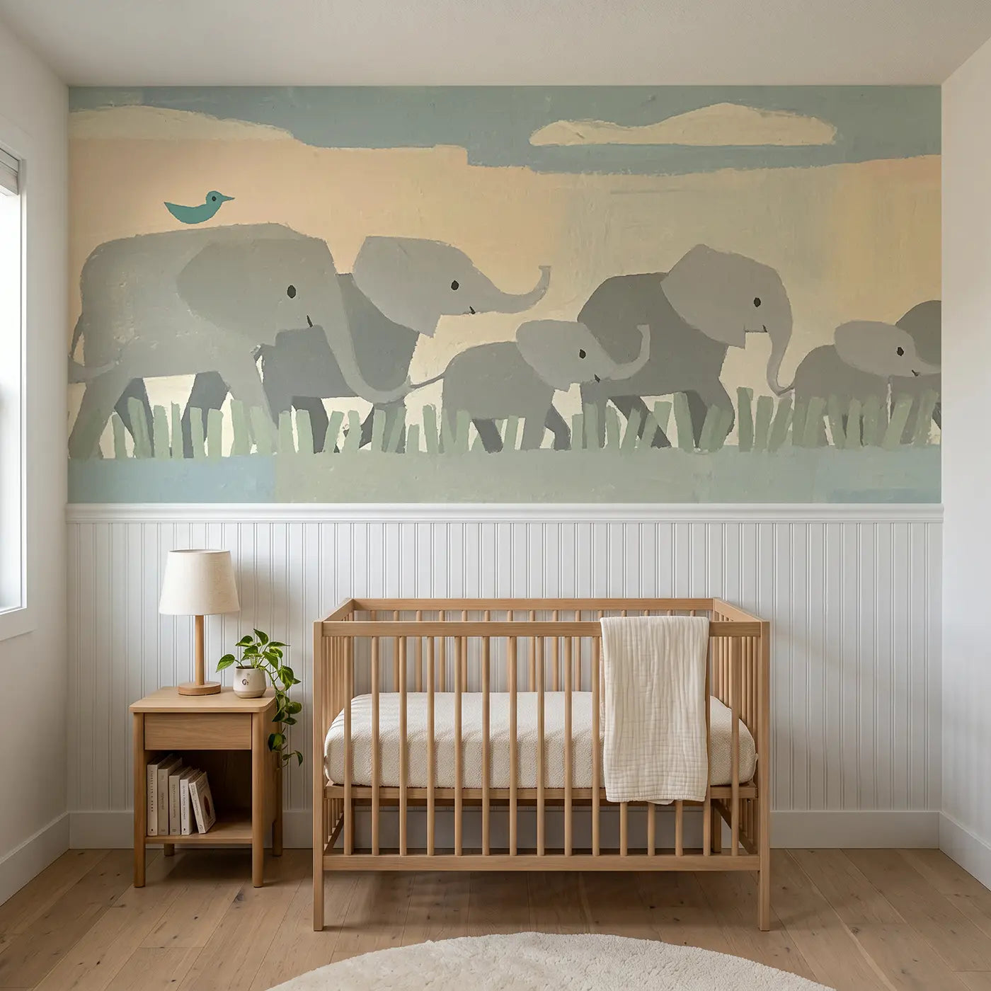 Modern Illustration Scandi elephant parade wainscoting wallpaper for nursery by Whimsy Tots
