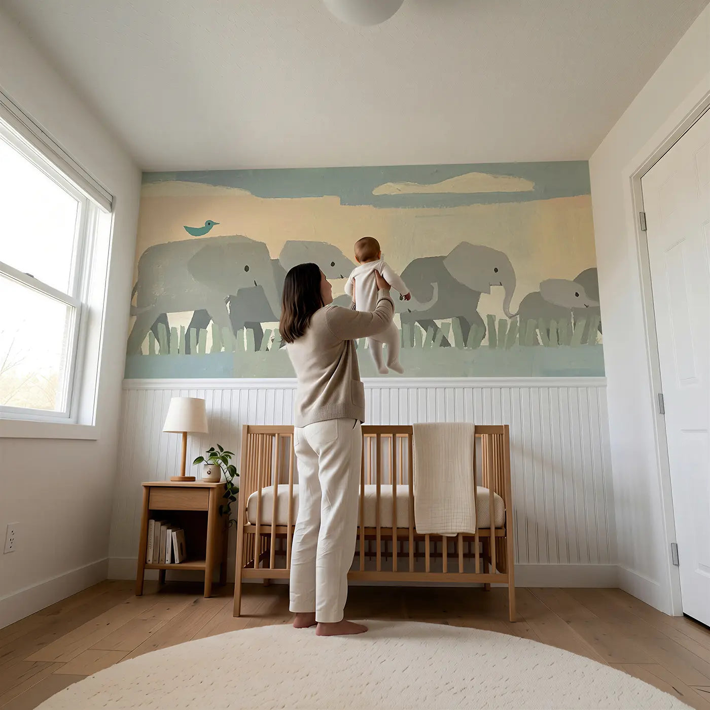 Child reading near Scandi Elephant Parade Wainscoting Wallpaper by Whimsy Tots