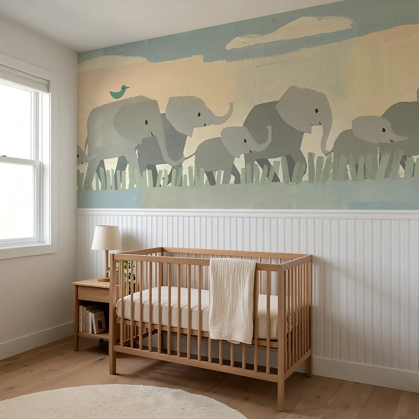 Scandi Elephant Parade Wainscoting Wallpaper styled in a kids bedroom by Whimsy Tots