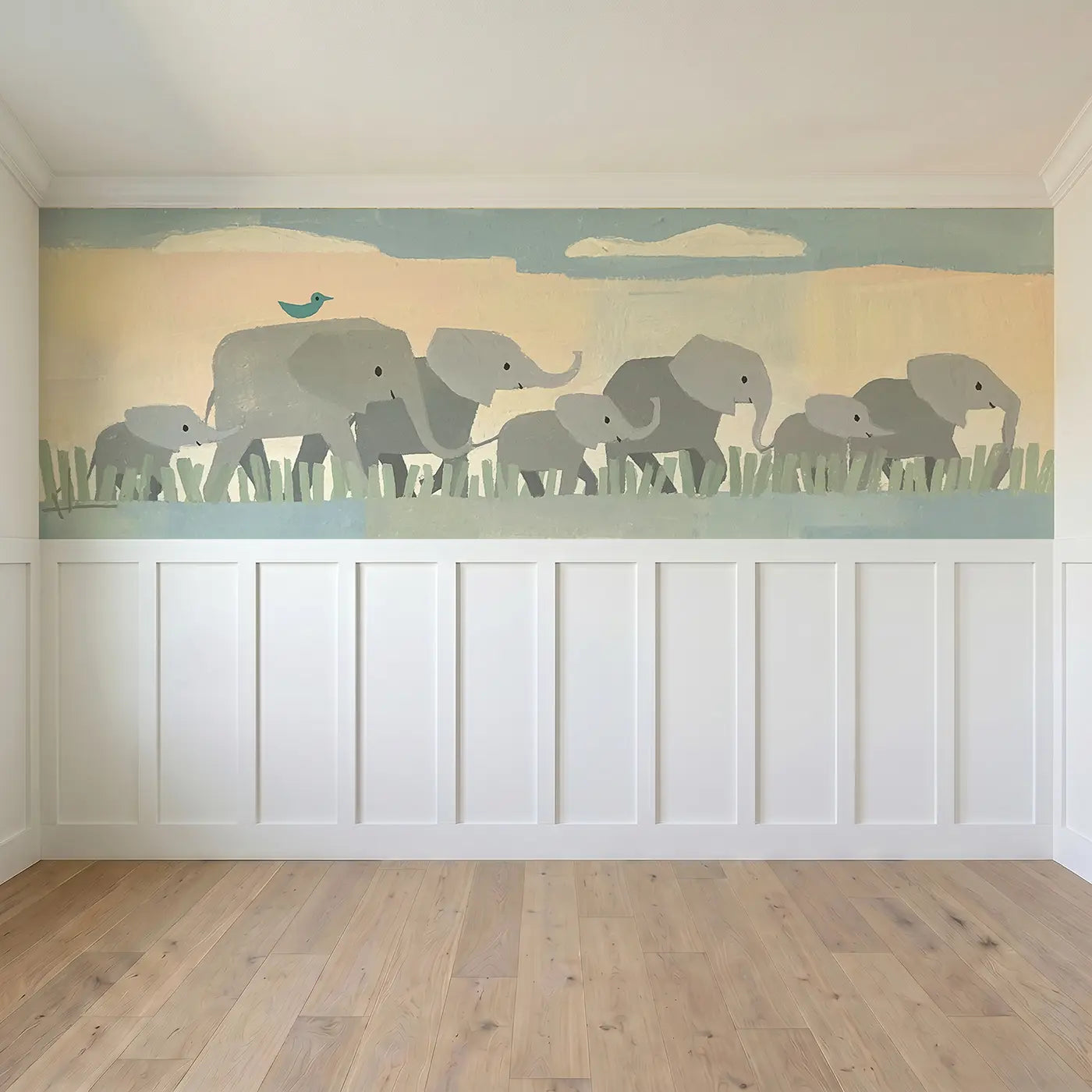 Full panel view of Scandi Elephant Parade Wainscoting Wallpaper by Whimsy Tots