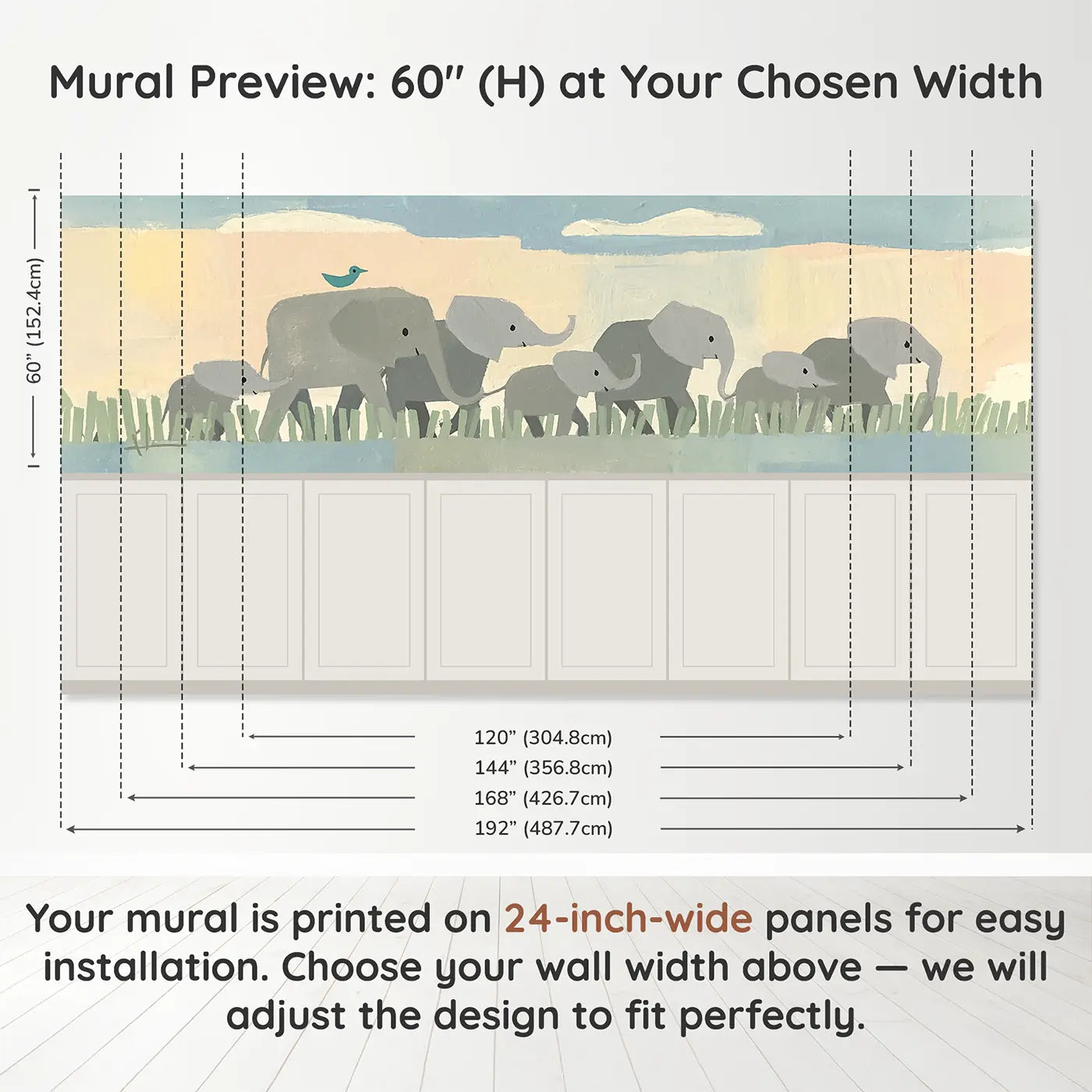 Panel dimensions for Scandi Elephant Parade Wainscoting Wallpaper by Whimsy Tots