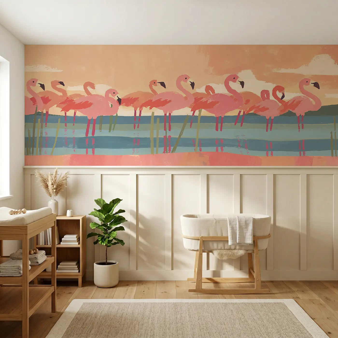 Modern Illustration bold flamingo lake flat wainscoting wallpaper for nursery by Whimsy Tots