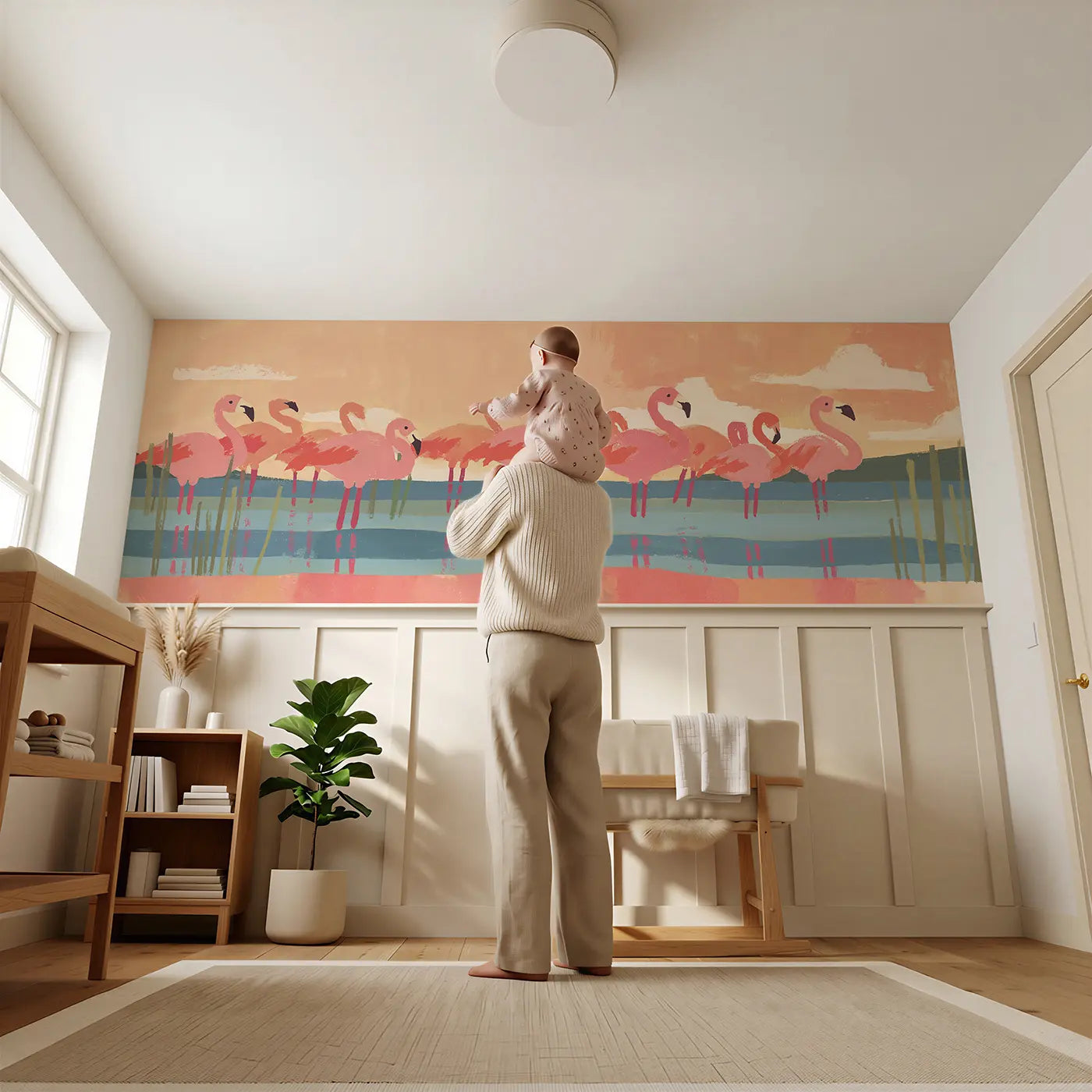 Child reading near Bold Flamingo Lake Flat Wainscoting Wallpaper by Whimsy Tots