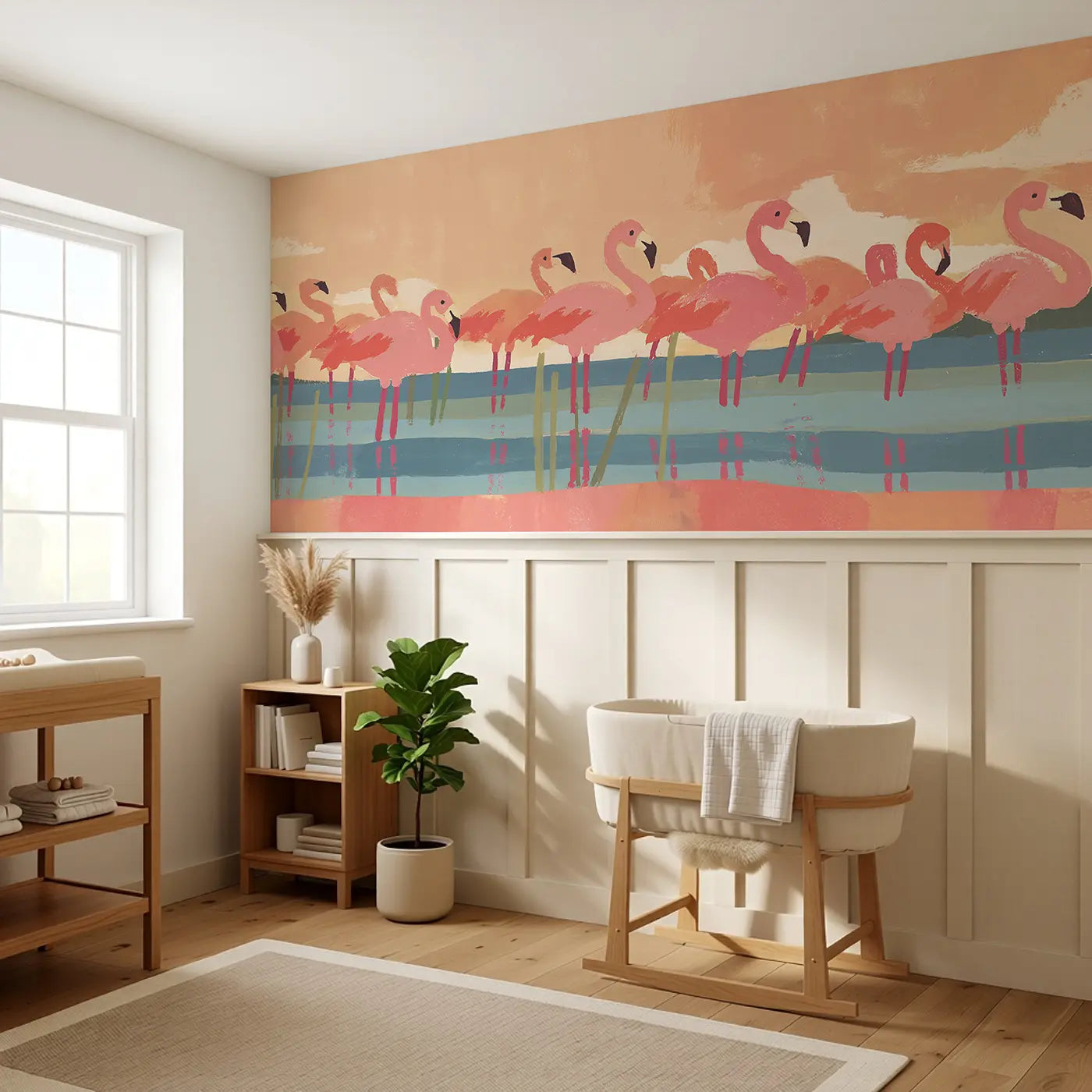 Bold Flamingo Lake Flat Wainscoting Wallpaper styled in a kids bedroom by Whimsy Tots
