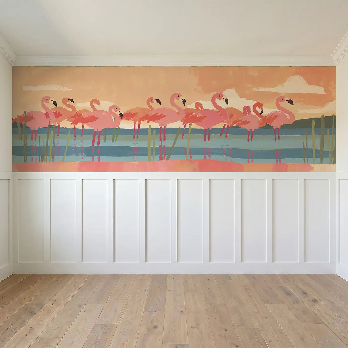 Full panel view of Bold Flamingo Lake Flat Wainscoting Wallpaper by Whimsy Tots