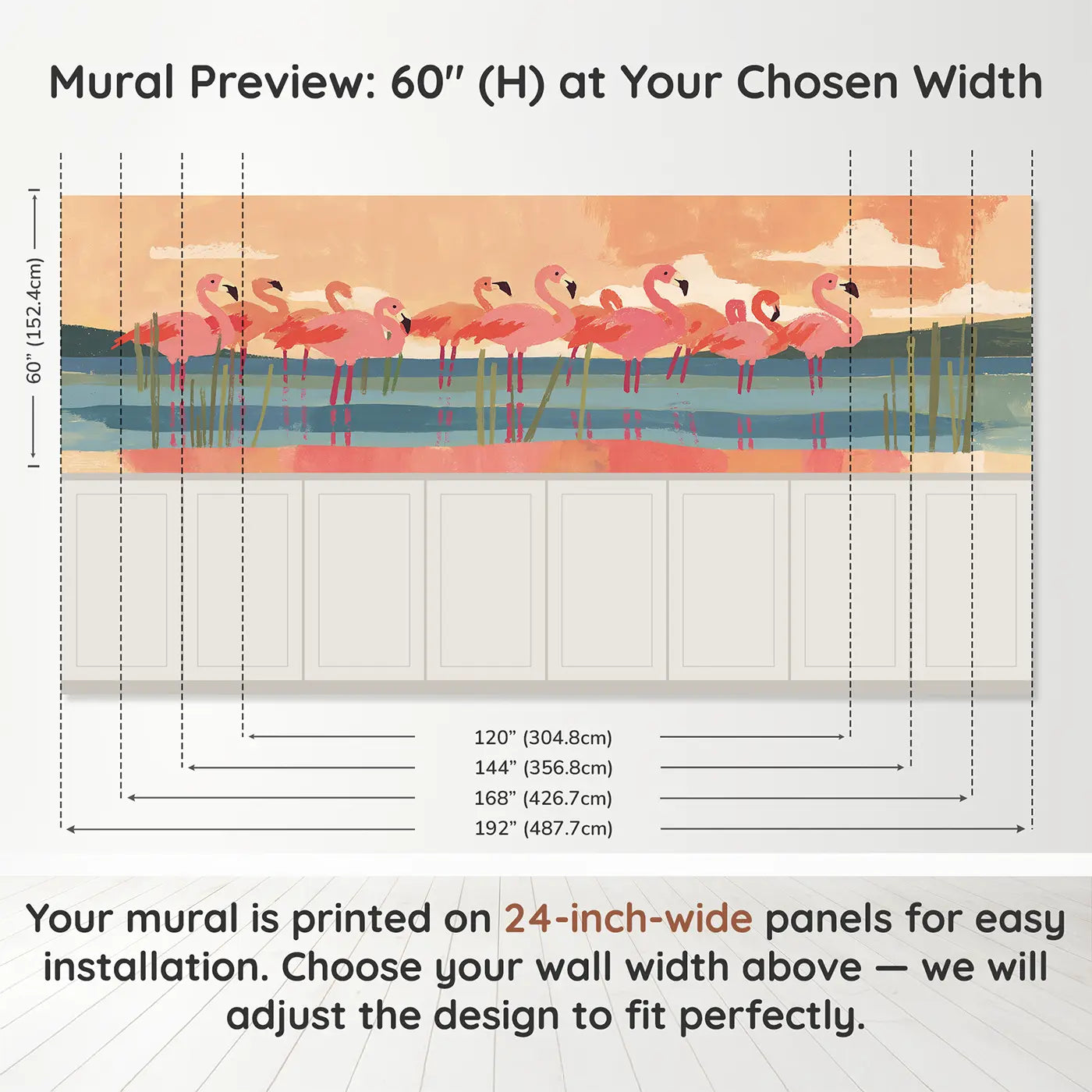 Panel dimensions for Bold Flamingo Lake Flat Wainscoting Wallpaper by Whimsy Tots