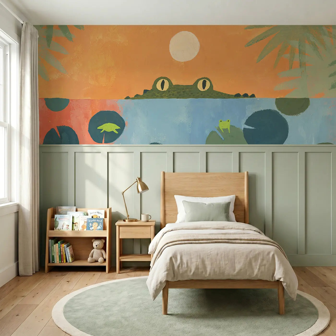 Modern Illustration graphic crocodile river wainscoting wallpaper for bedroom by Whimsy Tots