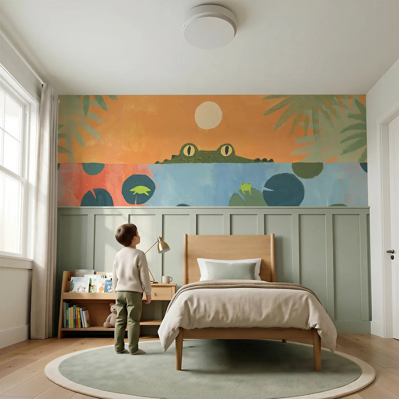 Child reading near Graphic Crocodile River Wainscoting Wallpaper by Whimsy Tots