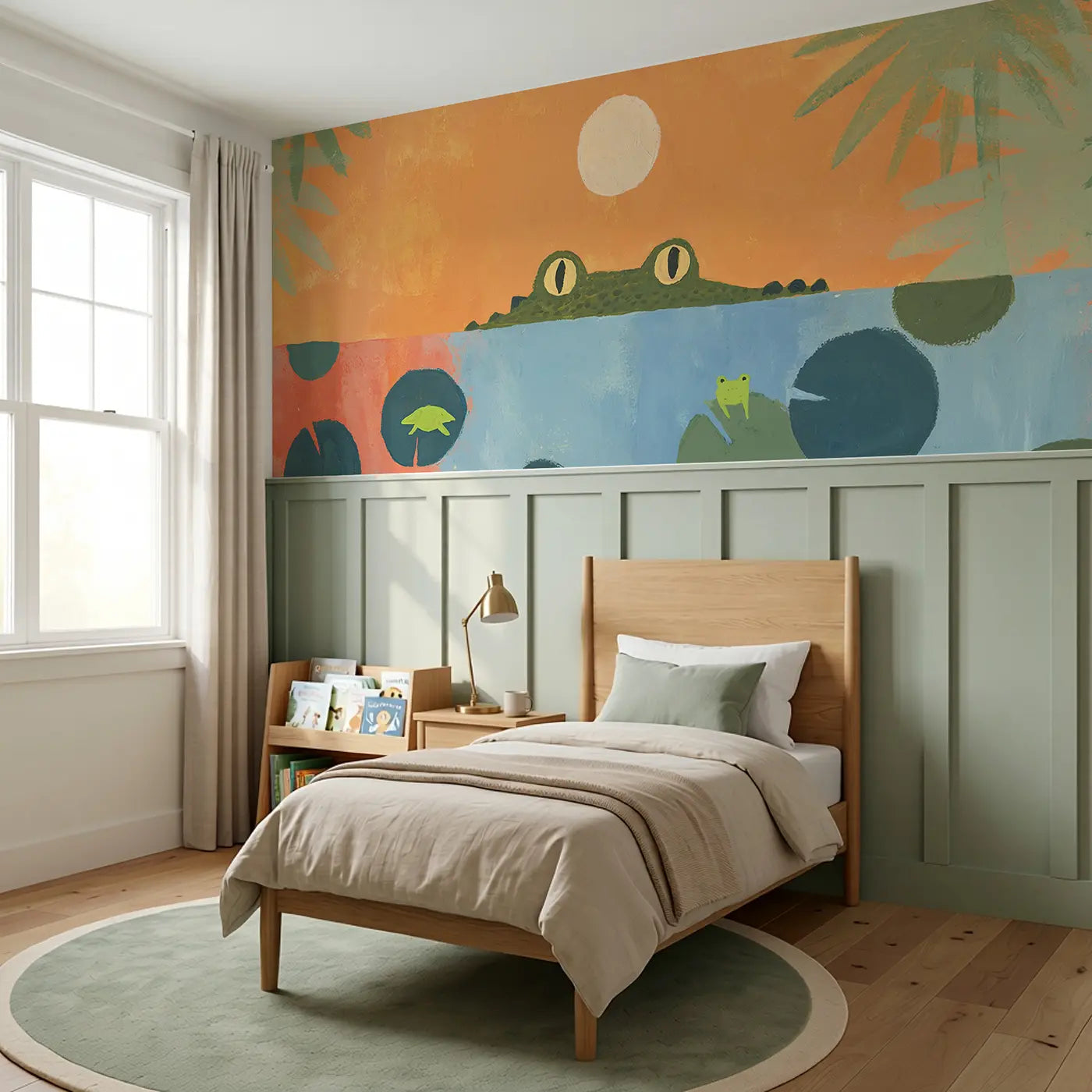 Graphic Crocodile River Wainscoting Wallpaper styled in a kids bedroom by Whimsy Tots