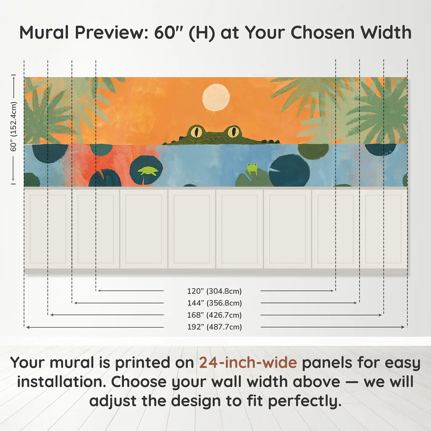 Panel dimensions for Graphic Crocodile River Wainscoting Wallpaper by Whimsy Tots