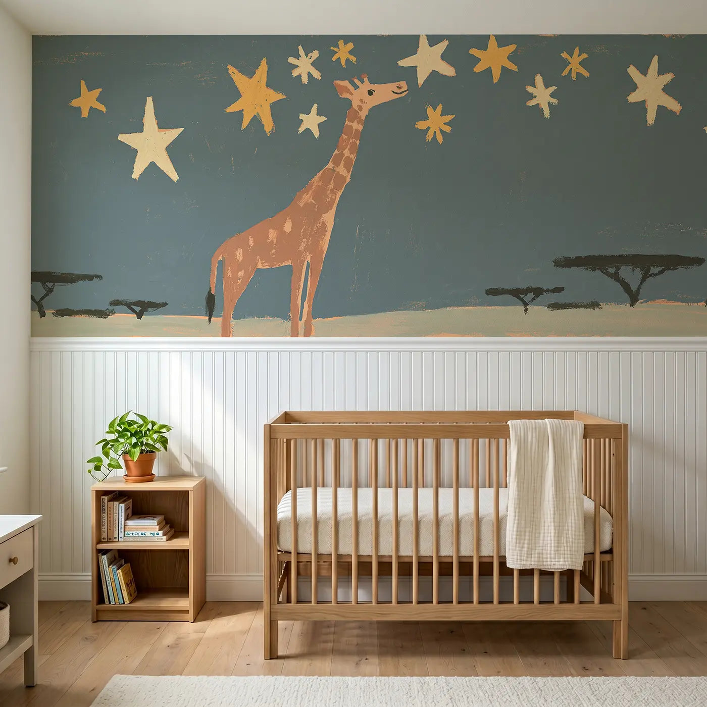 Modern Illustration flat giraffe star night wainscoting wallpaper for nursery by Whimsy Tots