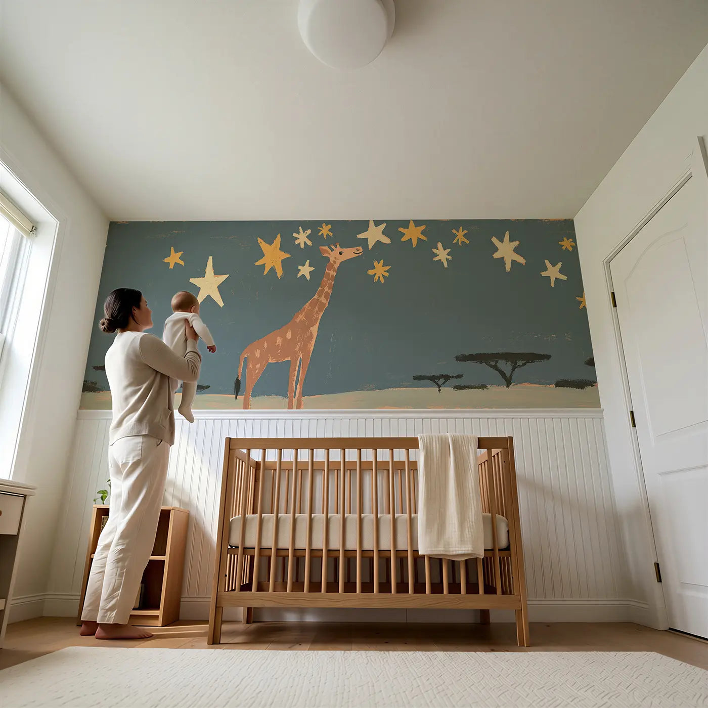 Child reading near Flat Giraffe Star Night Wainscoting Wallpaper by Whimsy Tots
