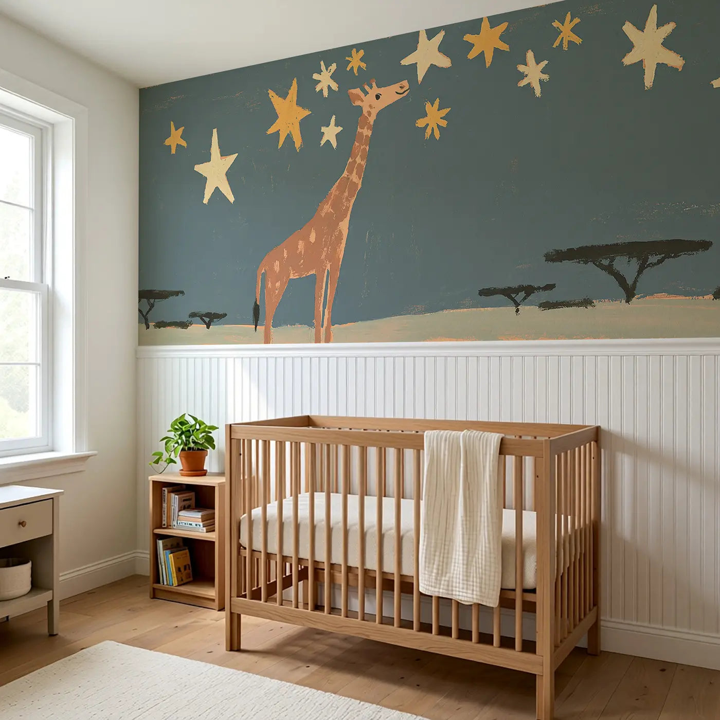 Flat Giraffe Star Night Wainscoting Wallpaper styled in a kids bedroom by Whimsy Tots
