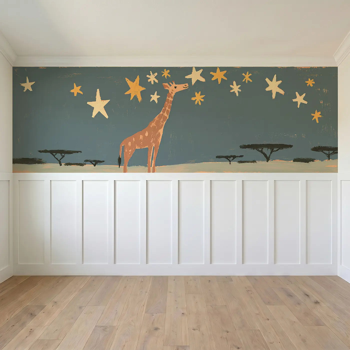 Full panel view of Flat Giraffe Star Night Wainscoting Wallpaper by Whimsy Tots
