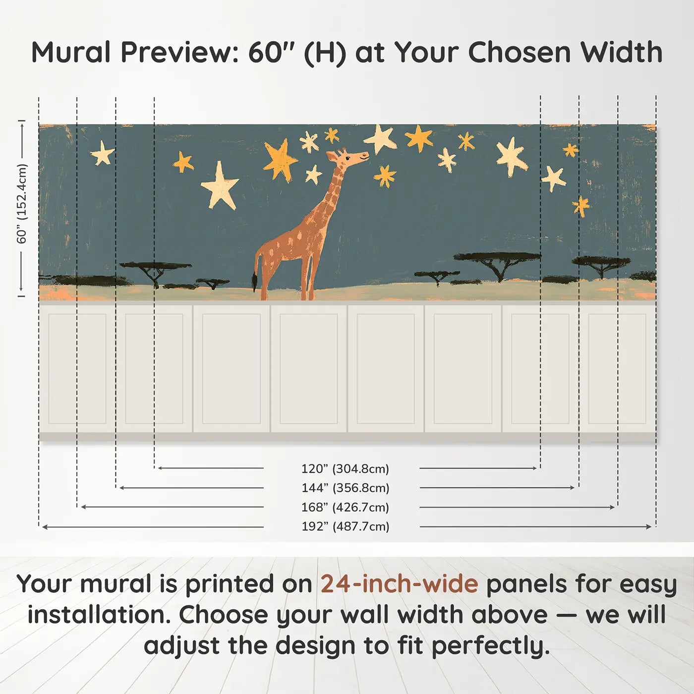 Panel dimensions for Flat Giraffe Star Night Wainscoting Wallpaper by Whimsy Tots