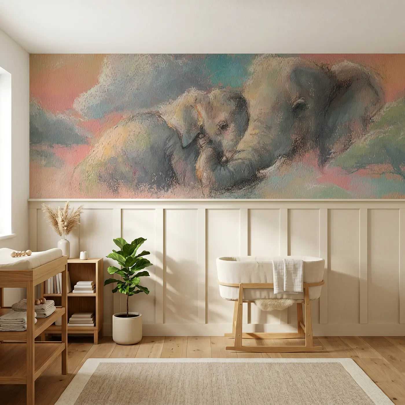 Soft Pastel chalk elephant baby cuddle wainscoting wallpaper for nursery by Whimsy Tots