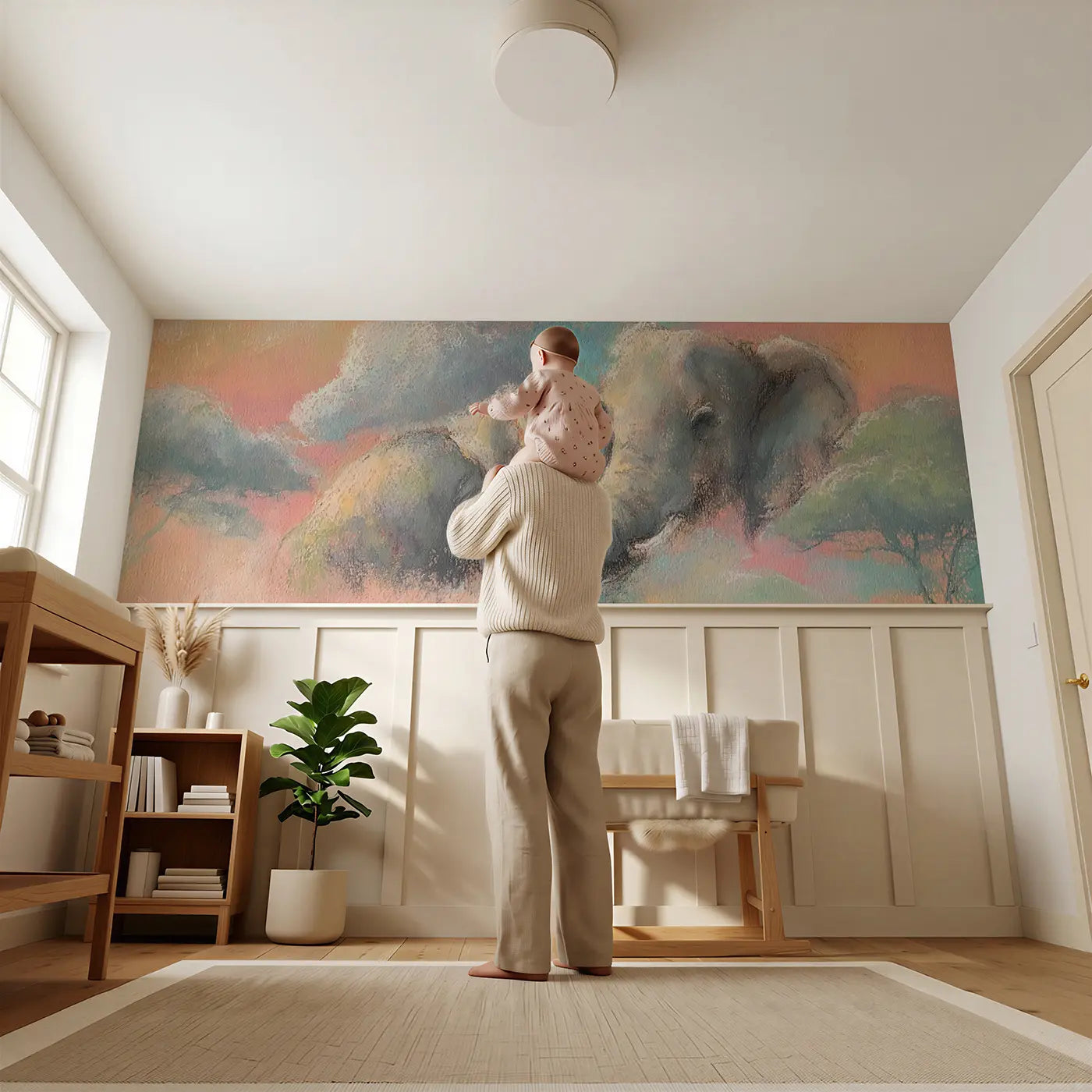 Child reading near Chalk Elephant Baby Cuddle Wainscoting Wallpaper by Whimsy Tots