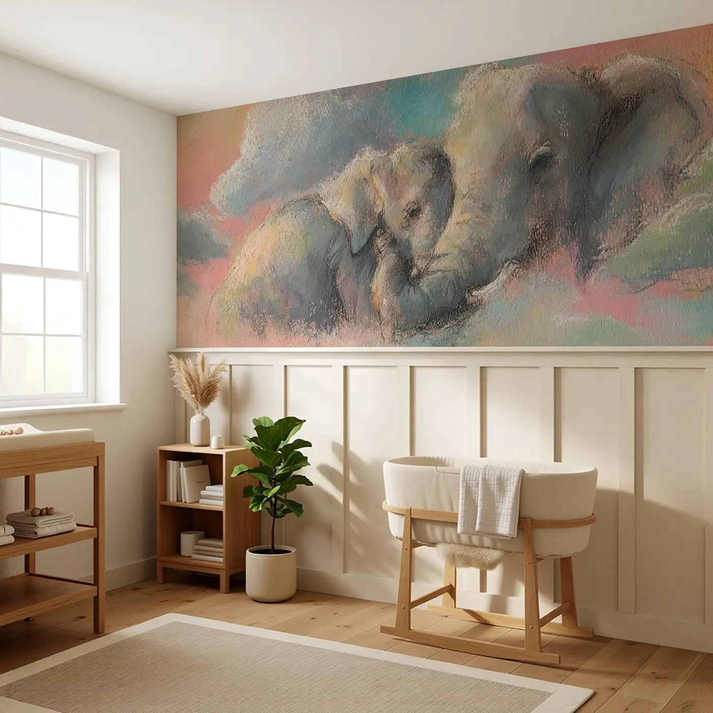 Chalk Elephant Baby Cuddle Wainscoting Wallpaper styled in a kids bedroom by Whimsy Tots