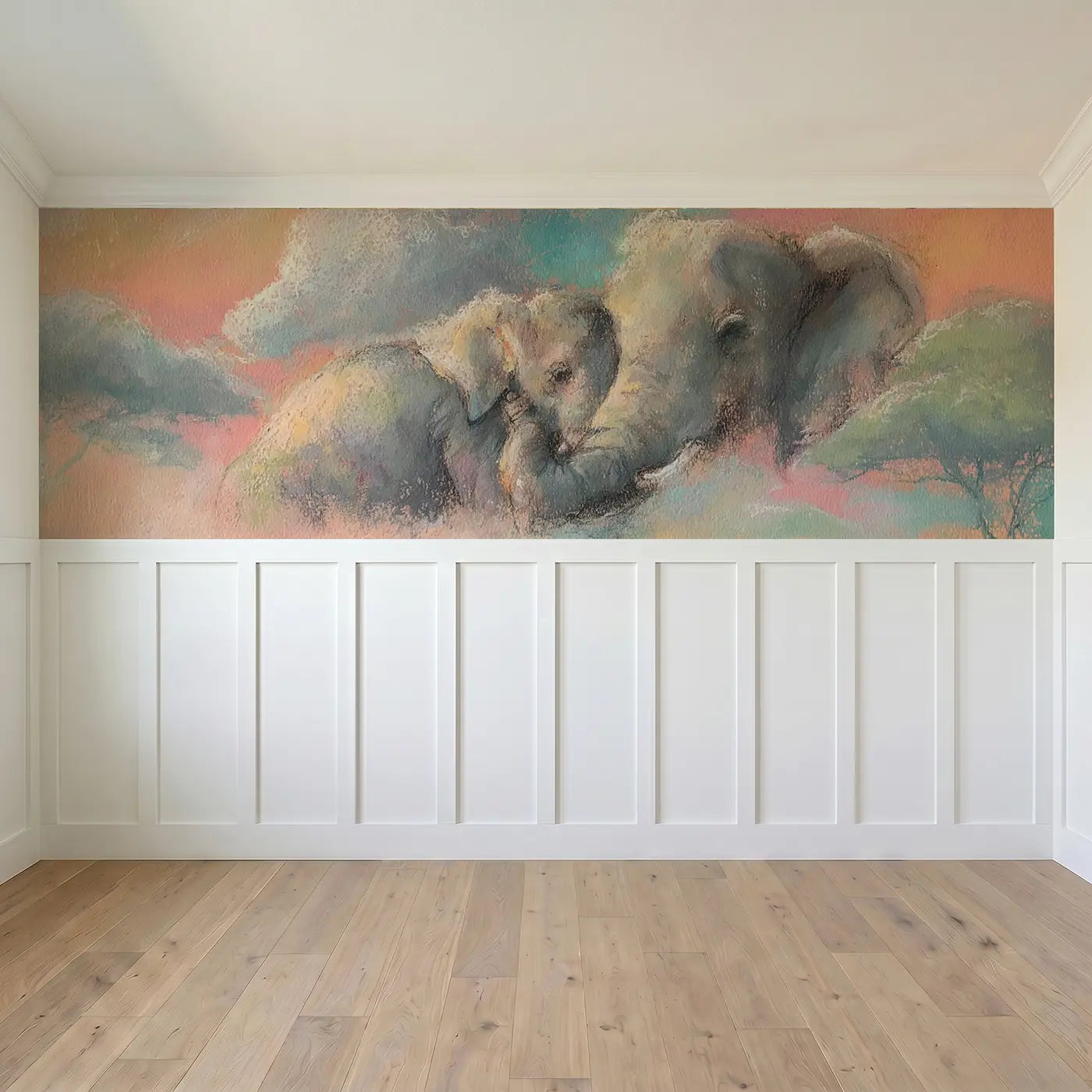 Full panel view of Chalk Elephant Baby Cuddle Wainscoting Wallpaper by Whimsy Tots