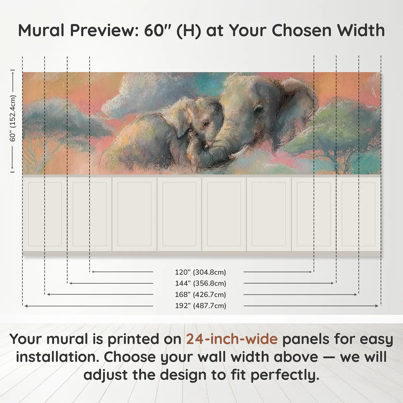 Panel dimensions for Chalk Elephant Baby Cuddle Wainscoting Wallpaper by Whimsy Tots