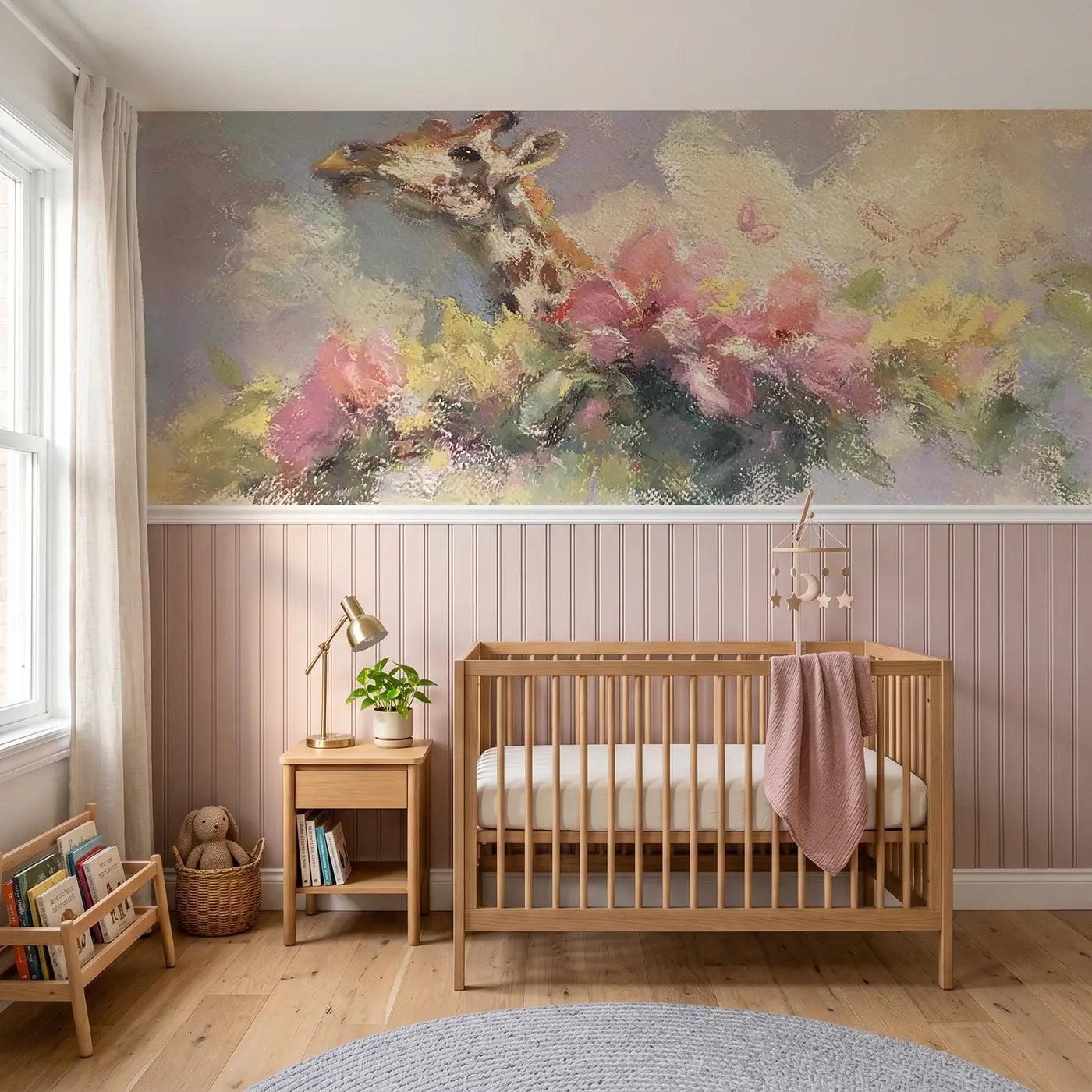 Soft Pastel giraffe garden wainscoting wallpaper for nursery by Whimsy Tots