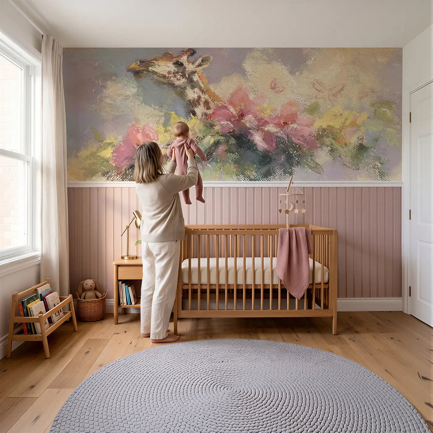 Child reading near Pastel Giraffe Garden Soft Wainscoting Wallpaper by Whimsy Tots