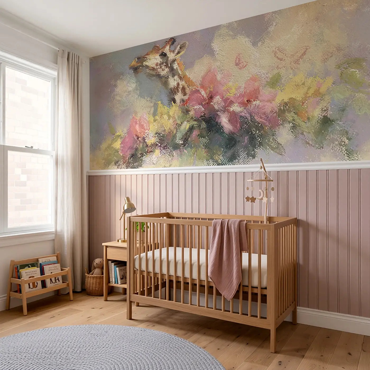 Pastel Giraffe Garden Soft Wainscoting Wallpaper styled in a kids bedroom by Whimsy Tots