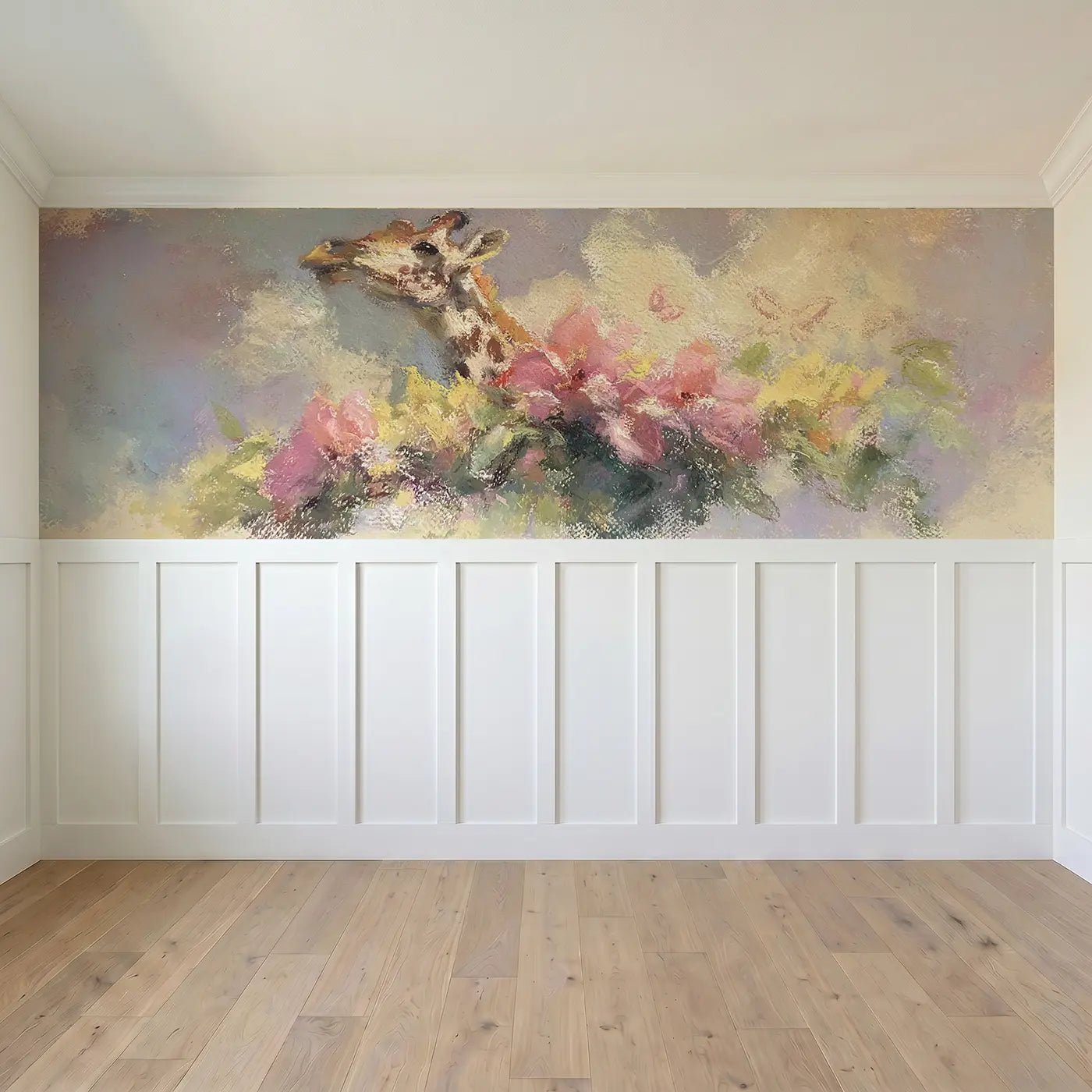 Full panel view of Pastel Giraffe Garden Soft Wainscoting Wallpaper by Whimsy Tots