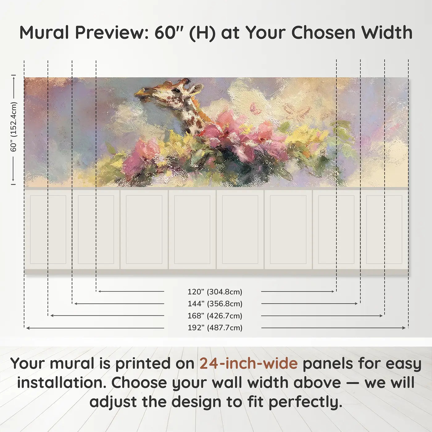 Panel dimensions for Pastel Giraffe Garden Soft Wainscoting Wallpaper by Whimsy Tots
