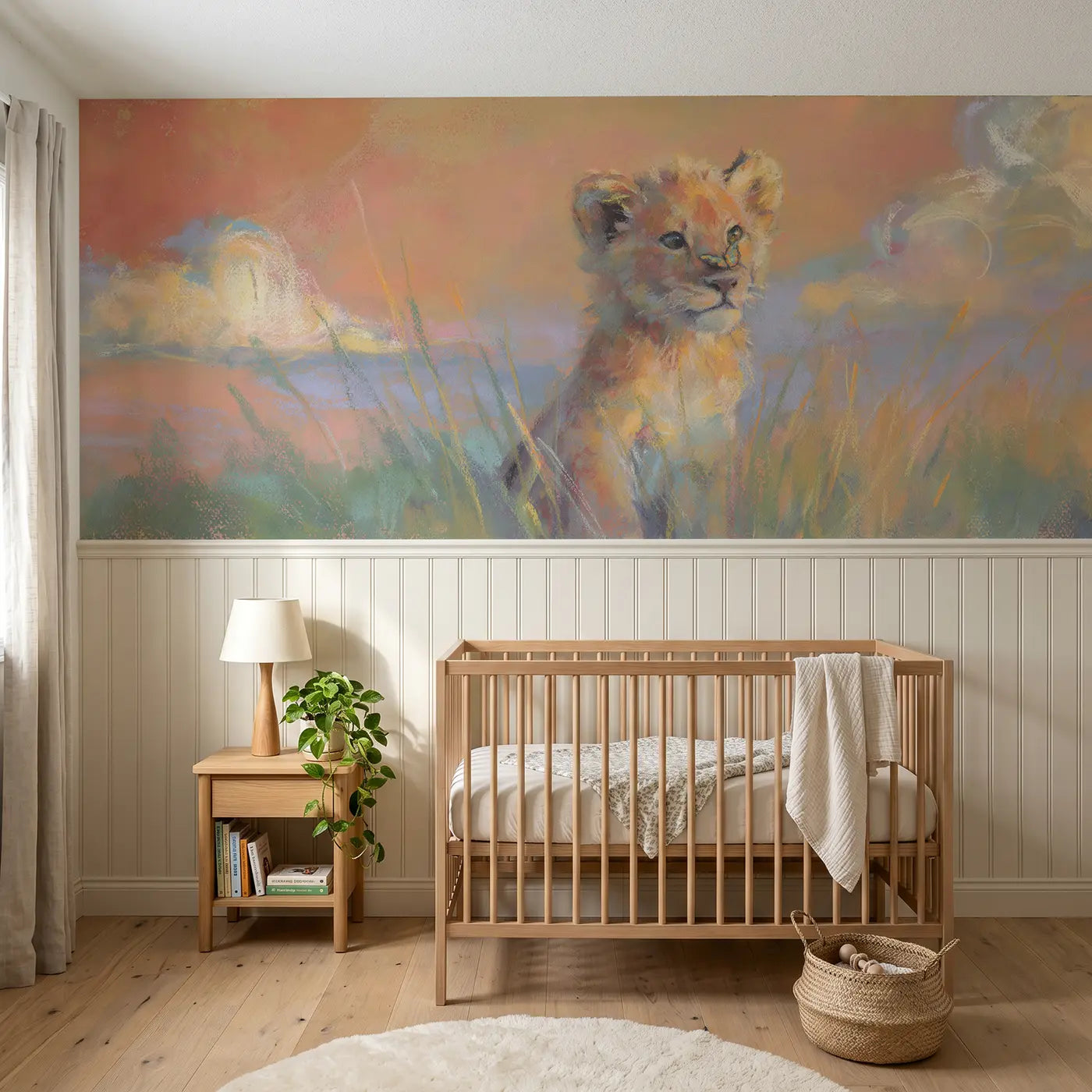 Soft Pastel fuzzy lion cub sunset wainscoting wallpaper for nursery by Whimsy Tots