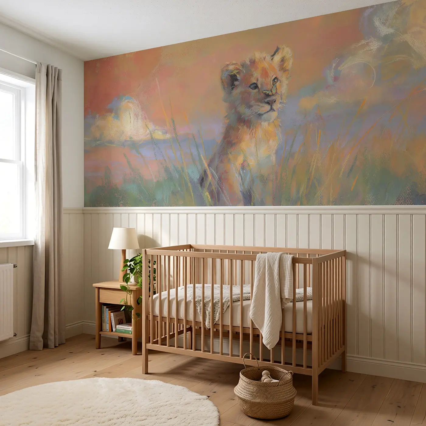 Fuzzy Lion Cub Sunset Wainscoting Wallpaper styled in a kids bedroom by Whimsy Tots