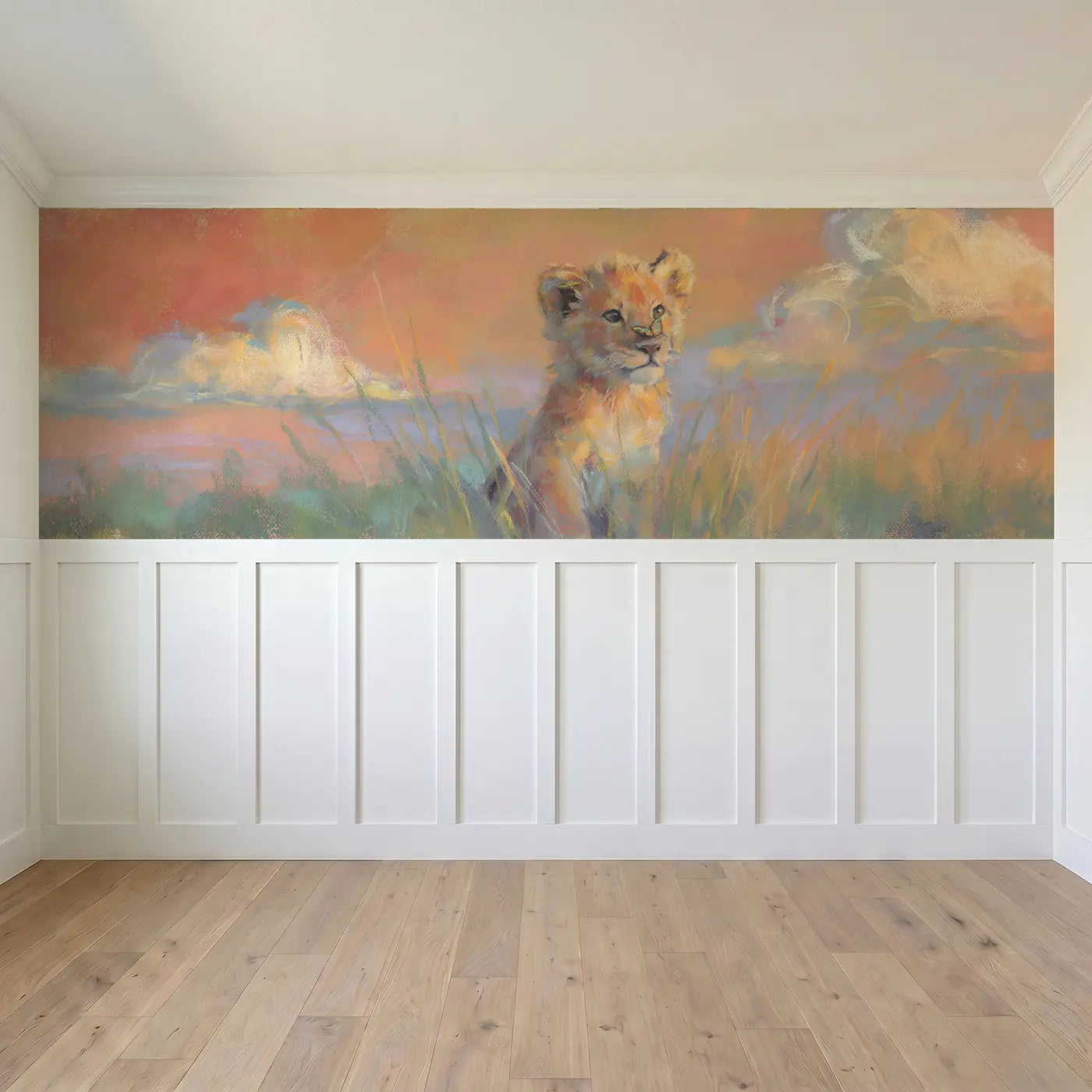 Full panel view of Fuzzy Lion Cub Sunset Wainscoting Wallpaper by Whimsy Tots