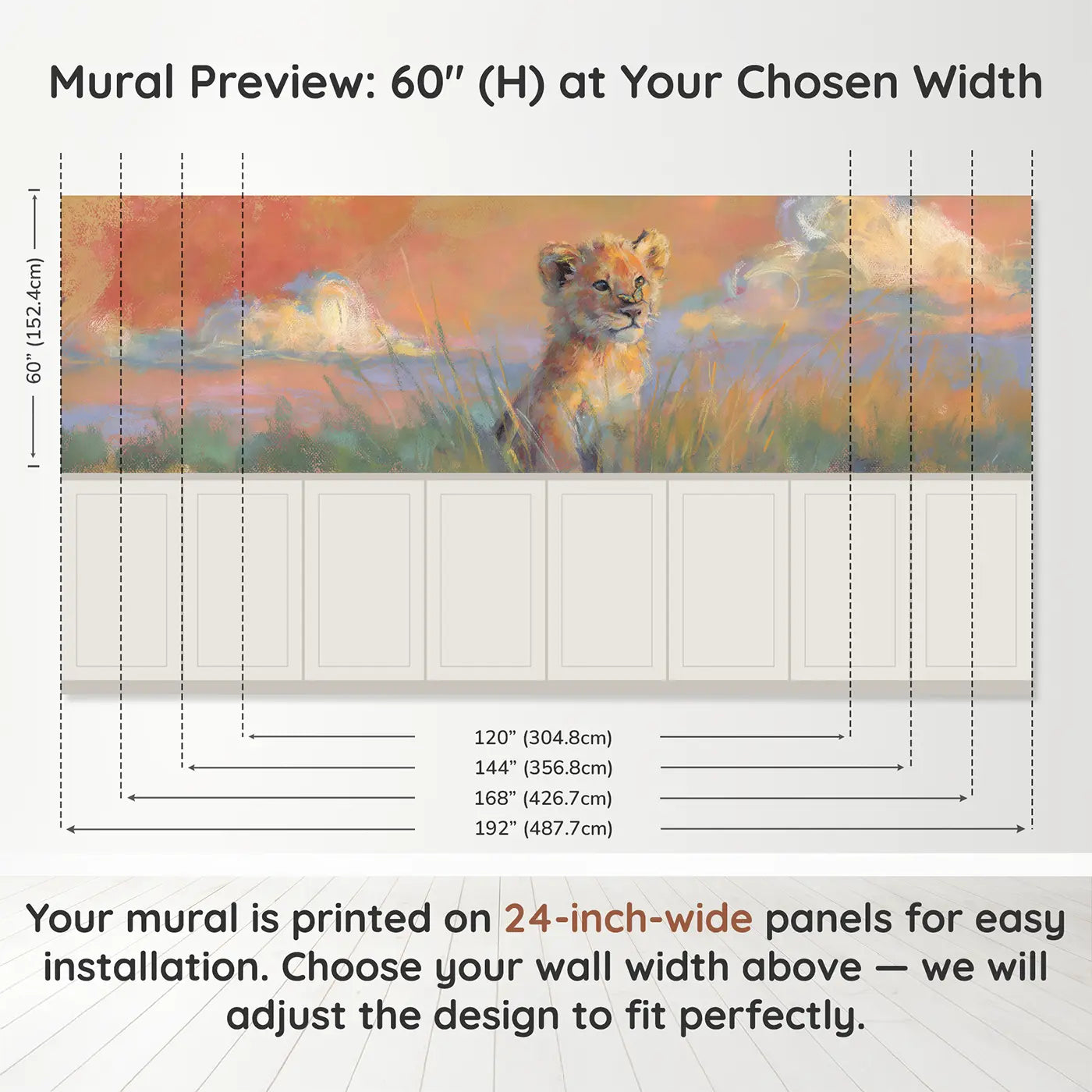 Panel dimensions for Fuzzy Lion Cub Sunset Wainscoting Wallpaper by Whimsy Tots