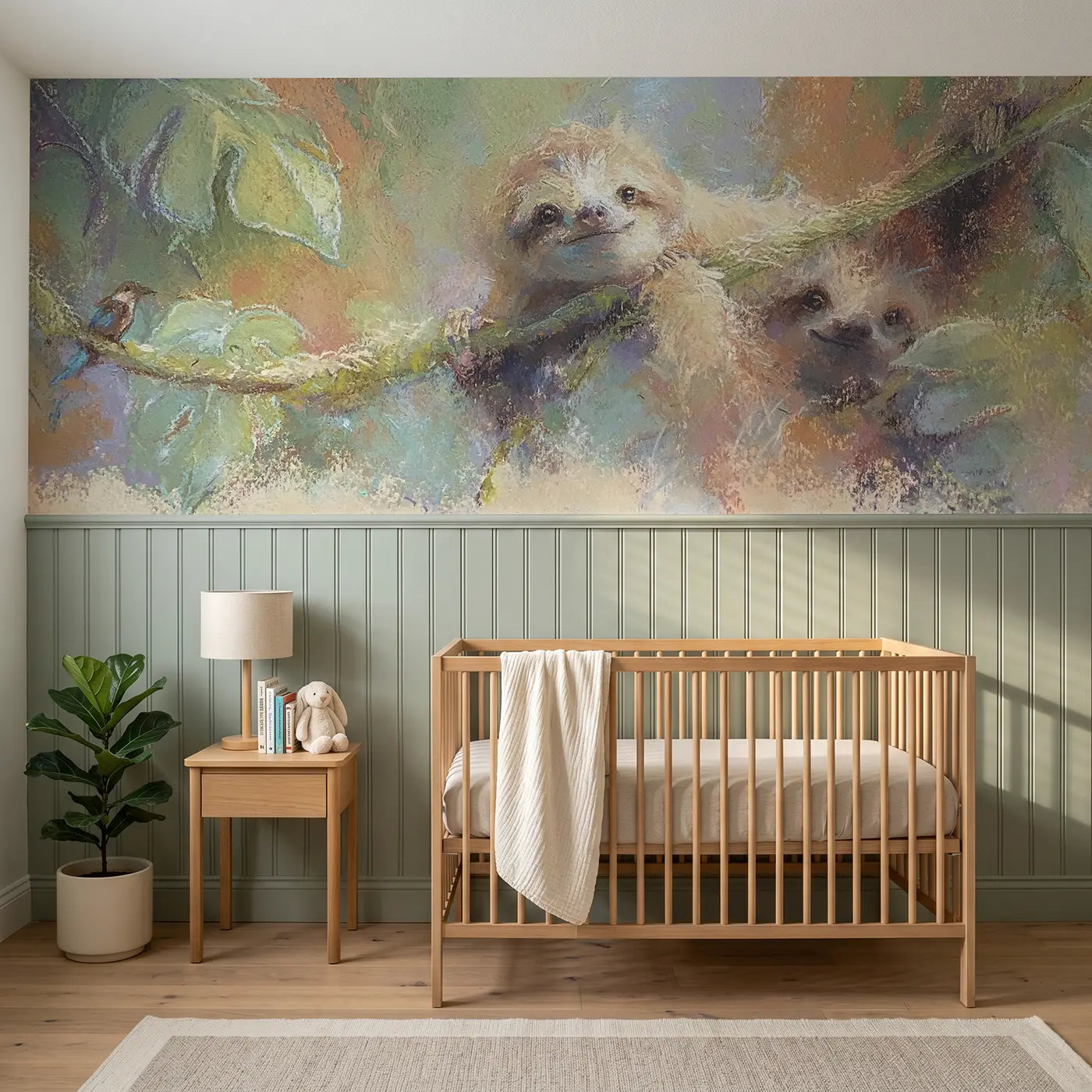 Soft Pastel chalk sloth vine dream wainscoting wallpaper for nursery by Whimsy Tots