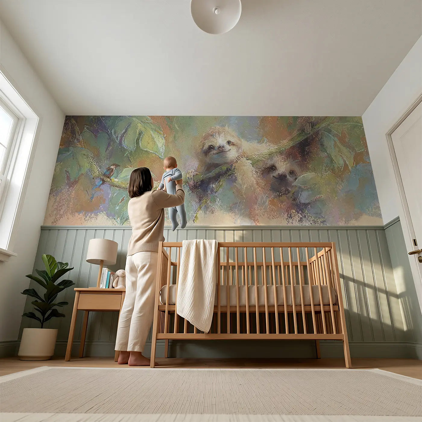 Child reading near Chalk Sloth Vine Dream Wainscoting Wallpaper by Whimsy Tots