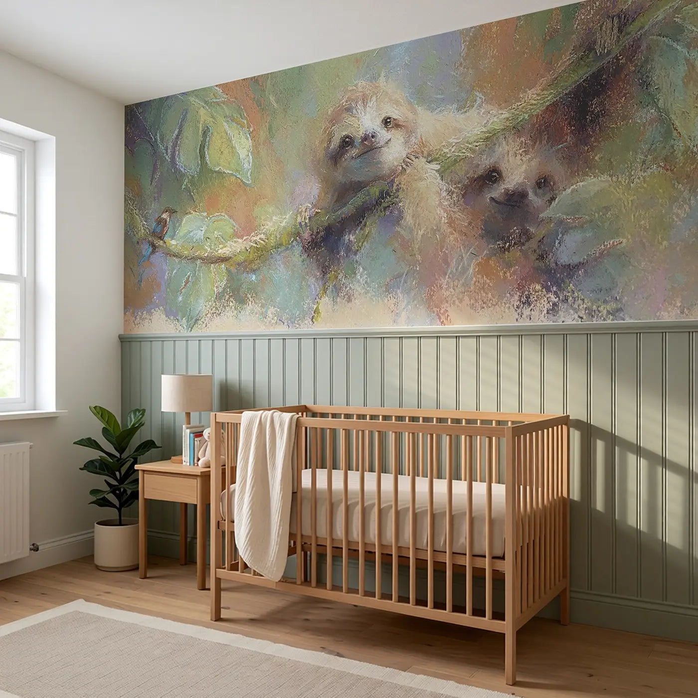 Chalk Sloth Vine Dream Wainscoting Wallpaper styled in a kids bedroom by Whimsy Tots